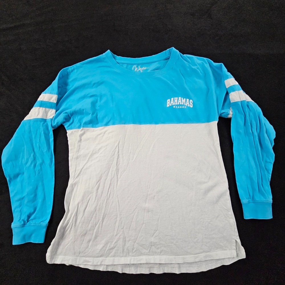 Nassau Bahamas Blue Colorblock Long Sleeve Cotton T-Shirt Women's XL
